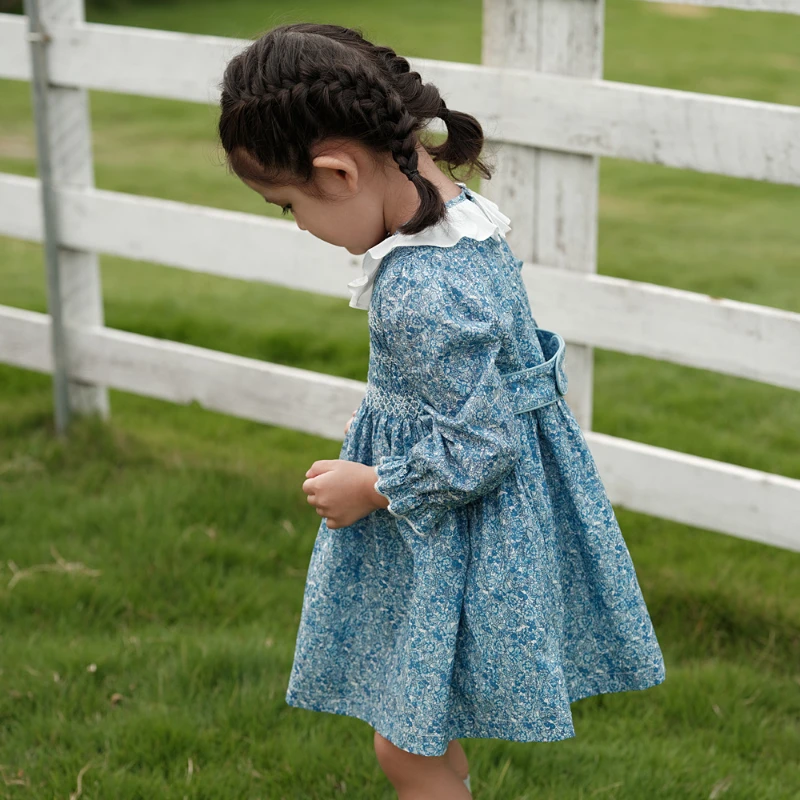 Icjaehao 2024 Flower Girl Smocking Dress Vintage Elegant Children\'s Outfits Handmade Smocked Floral Long Sleeve Baby Clothes