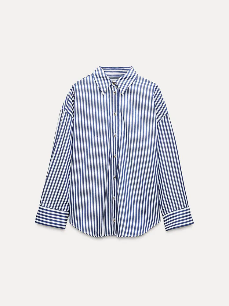 เสื้อผู้หญิงลำลองลายทาง แขนยาว คอปก สไตล์ใหม่สำหรับฤดูใบไม้ร่วง สีเมทัลลิก ทรงตรง ใส่ได้หลากหลาย ป้องกันรังสียูวี เนื้อผ้าบางเบา