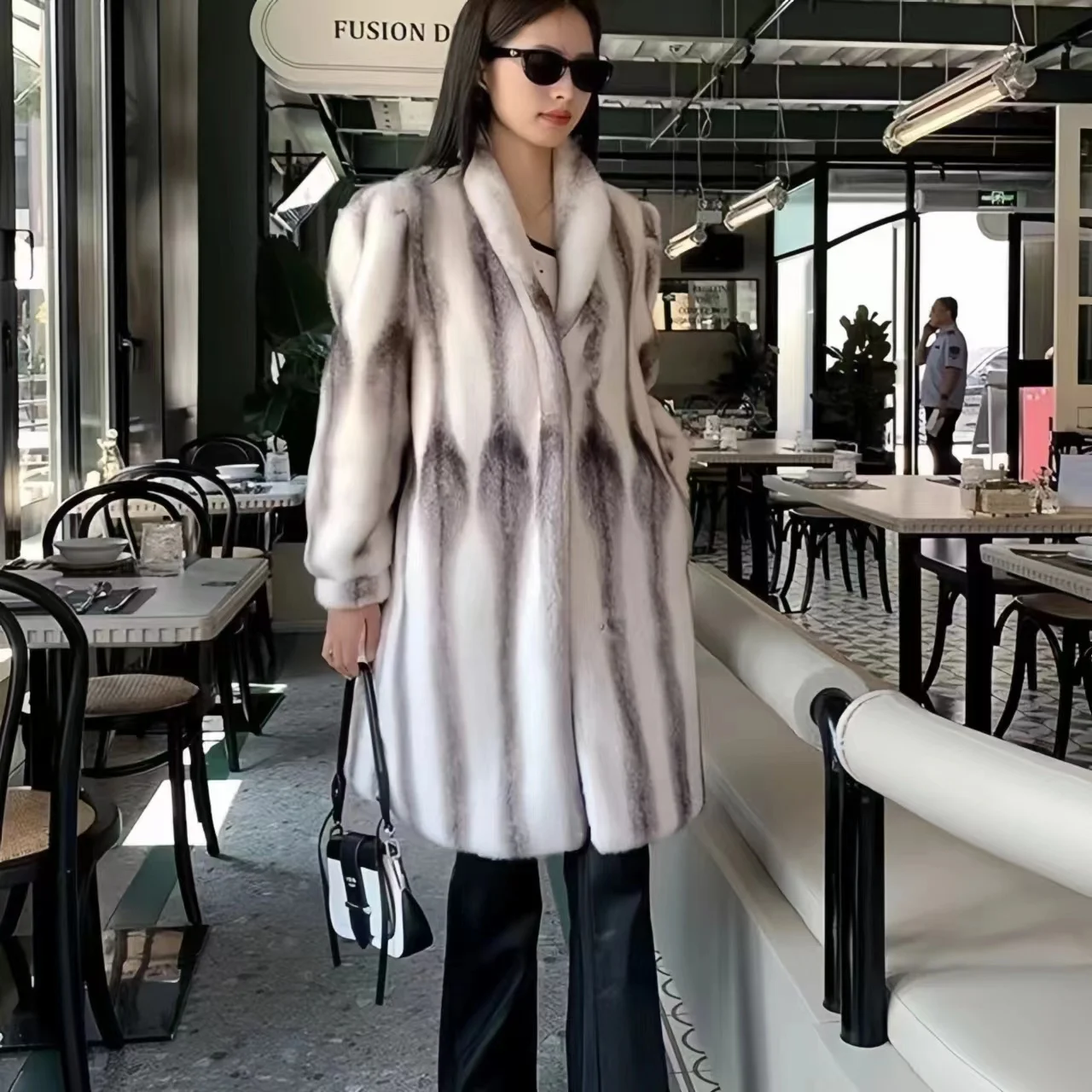 Faux Mink Fur Coat for Women,Covered Button Jacket,Spliced Outwear, V-Neck,Thick Furry, Casual,Autumn and Winter, 2024