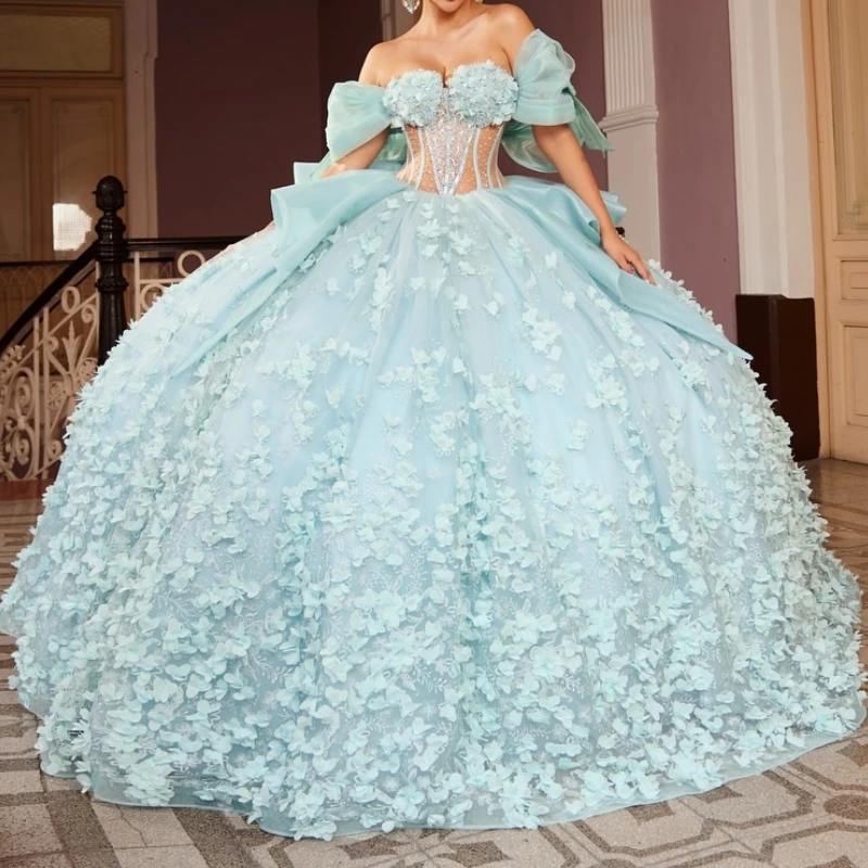 Синие платья Quinceanera, бальное платье с открытыми плечами и аппликациями, цветочный тюль, корсет, платье на день рождения, сладкое платье 16, Vestidos De 15