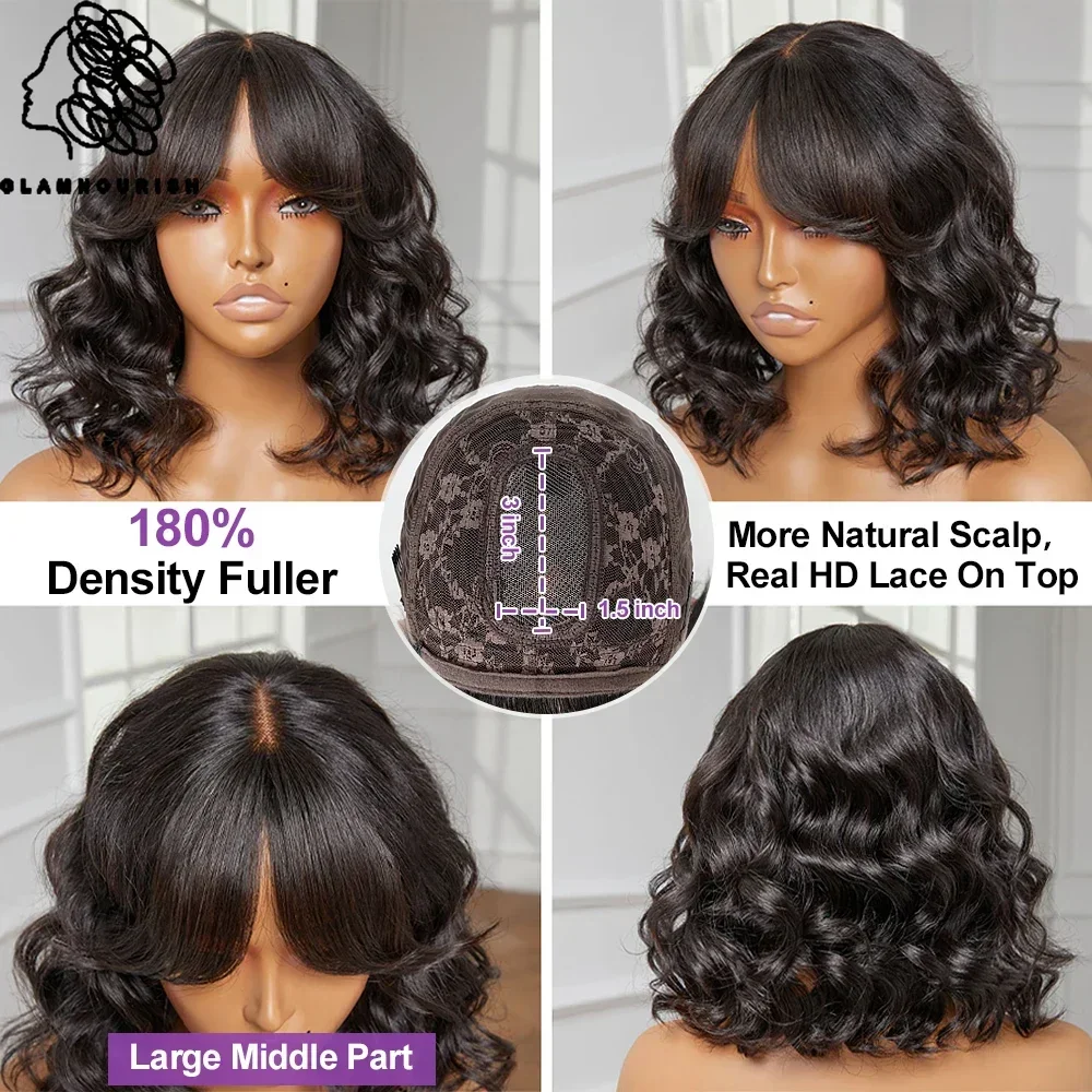 Body Wave Human Hair Met Pony 3X1.5 Lace Top Scalp Short Bob Fringe Pruiken Brazilian Human Hair Lijmloze Knal Pruiken Voor Vrouwen