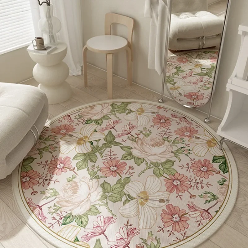 Living Room Cloakroom Dressing Table Round Carpet Bedroom Bedside Comfortable Non-slip Foot Mat Retro American Pink Floral Rugs