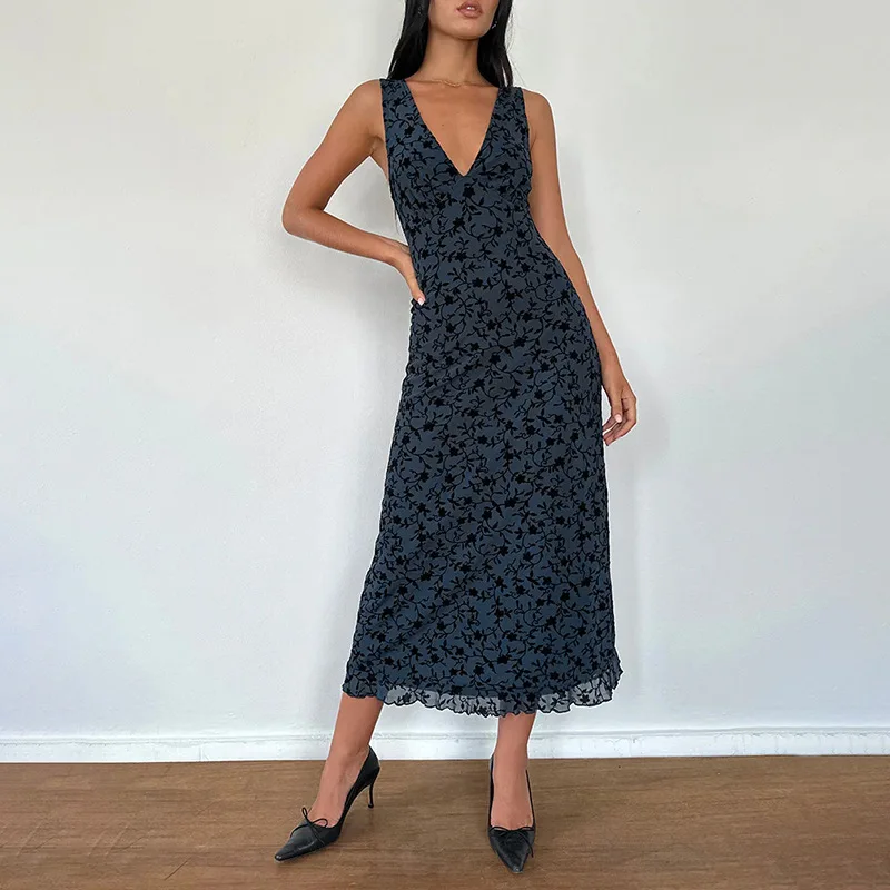 Robe longue imprimée à col en V coupe ajustée pour femme, en polyester, idéale pour l'été et l'équitation