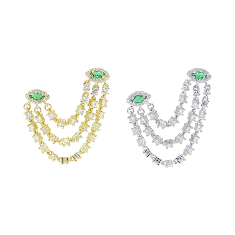 Double Piercing CZ Tassel Chain Earring For Women Fashion Green Evil Eye Two Stud Elegant Female Jewelry