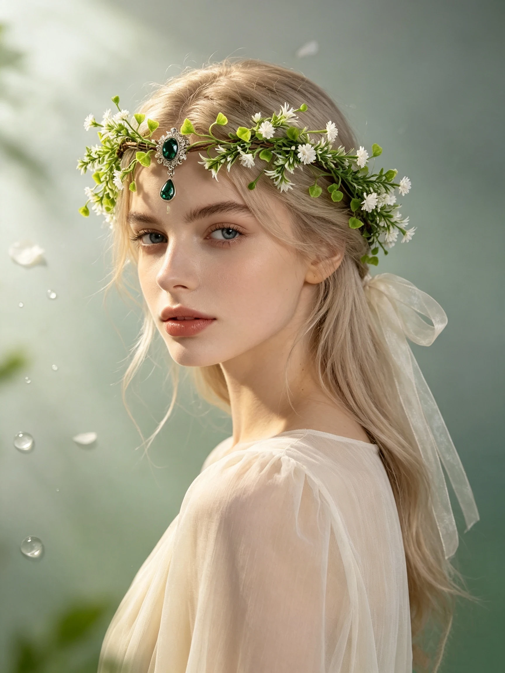 Forest-style elf flower wreath headpiece, emerald forehead pendant headband, photo studio cosplay bridal lace-up hair accessory