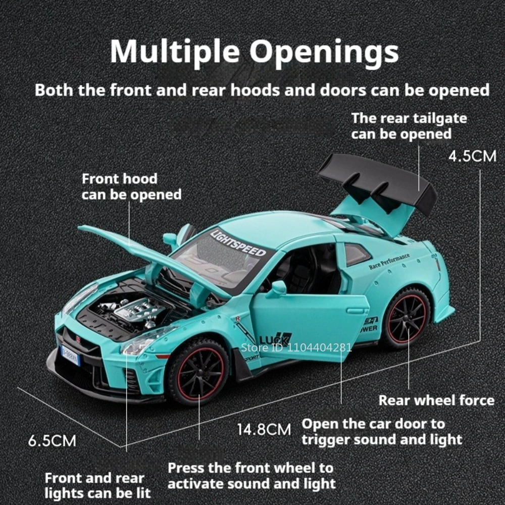 1: 32 Scale GTR R35 Miniature Models Toys Diecast Alloy Car Doors Opened with Sound Light Pull Back Vehcies Decorative Ornaments