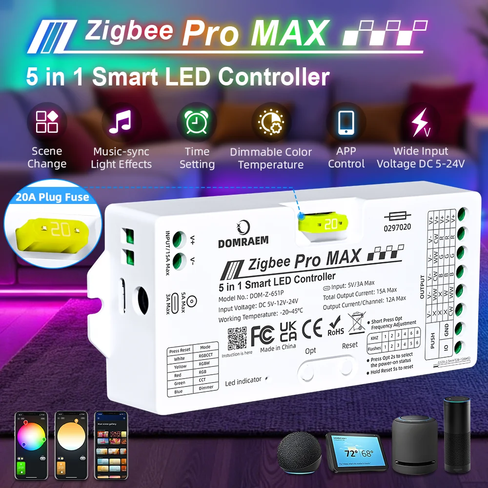 DOMRAEM Zigbee Pro MAX Smart 5-in-1 LED-Streifen-Controller unterstützt CCT RGB RGBW RGBCCT Dimmung mit externer 20A steckbarer Sicherung.