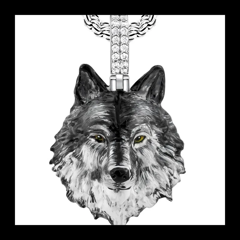 قلادة رأس الذئب المينا المطلية يدويًا نقية، قلادة طوطم الذئب المرصعة بالألماس على طراز الهيب هوب
