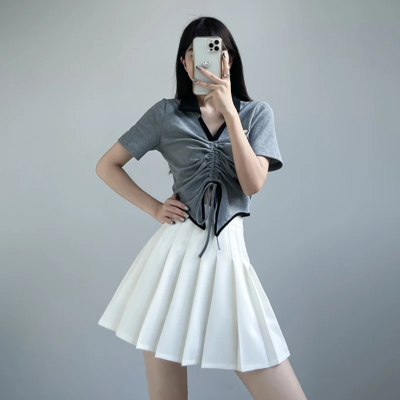 

Комплект из плиссированной юбки и футболки Spicy Girl Slimming для женщин, модный летний наряд, комплект из двух предметов, юбка и футболка, для возраста 8-25 лет