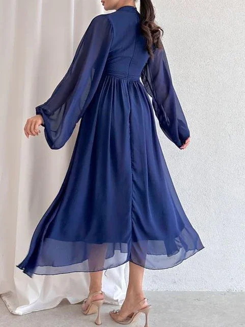 Beautiful Women\'s Dress Half High Collar Pleated Dresses with Long Sleeve Slim Elegant Black Chiffon Dress for Women 2024 Summer