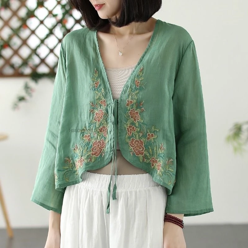 National Style Cotton And Linen Embroidered Cardigan women's Retro Embroidered Small Shirt  Clothing Women Daily Tangsuits Top