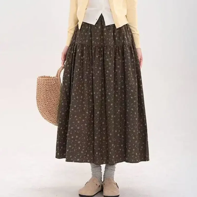 

New Arrival Soft and Artsy Retro Floral Midi Skirt - Pure Cotton Fleece High-Waist Versatile A-Line Dress for Fall and Winter