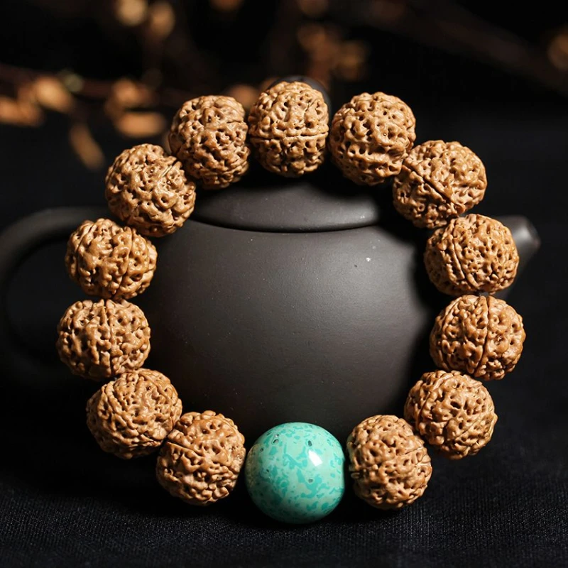 Natural Nepal Big Rudraksha Beads Bracelet Queen Bee Corpulent with Green Pine Bracelet Buddhist Prayer Beads Collection Gift