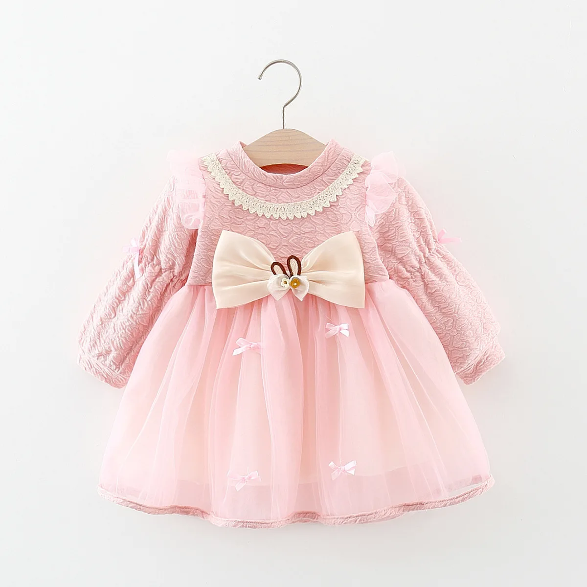 Autumn Spring Baby Girls Long Sleeve Mesh Dress Lace Bow Party Children Clothing Korean Style Toddler Kids Costume 0 to 3 Yrs