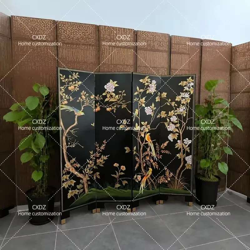 Custom Black Relief Medieval Flower Bird Lacquer Painting Hand Painted Mobile Folding Screen Room Divider for Living Room