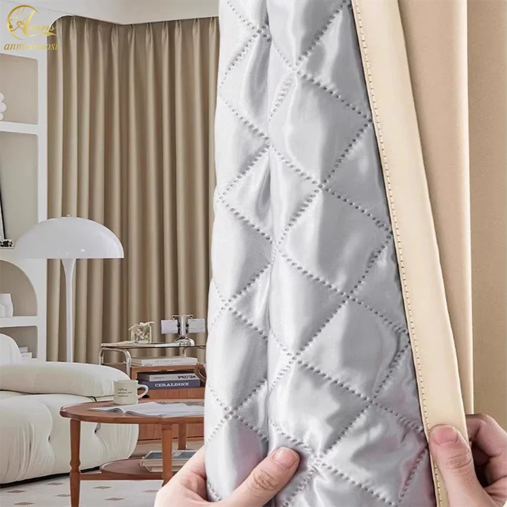 Winter Curtains Thermal Warm Double-Layer Cotton Square Curtain Windbreak Soundproof Beige Curtain for Living Room and Bedroom