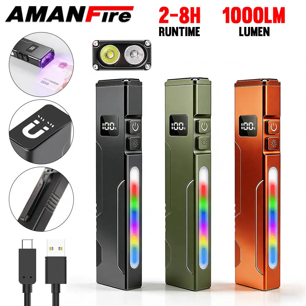 

Amanfire X729 Work Flashlight LED Back Clip Magnetic RGB Side Lamp UV Multifunctional Portable Mini Flashlight