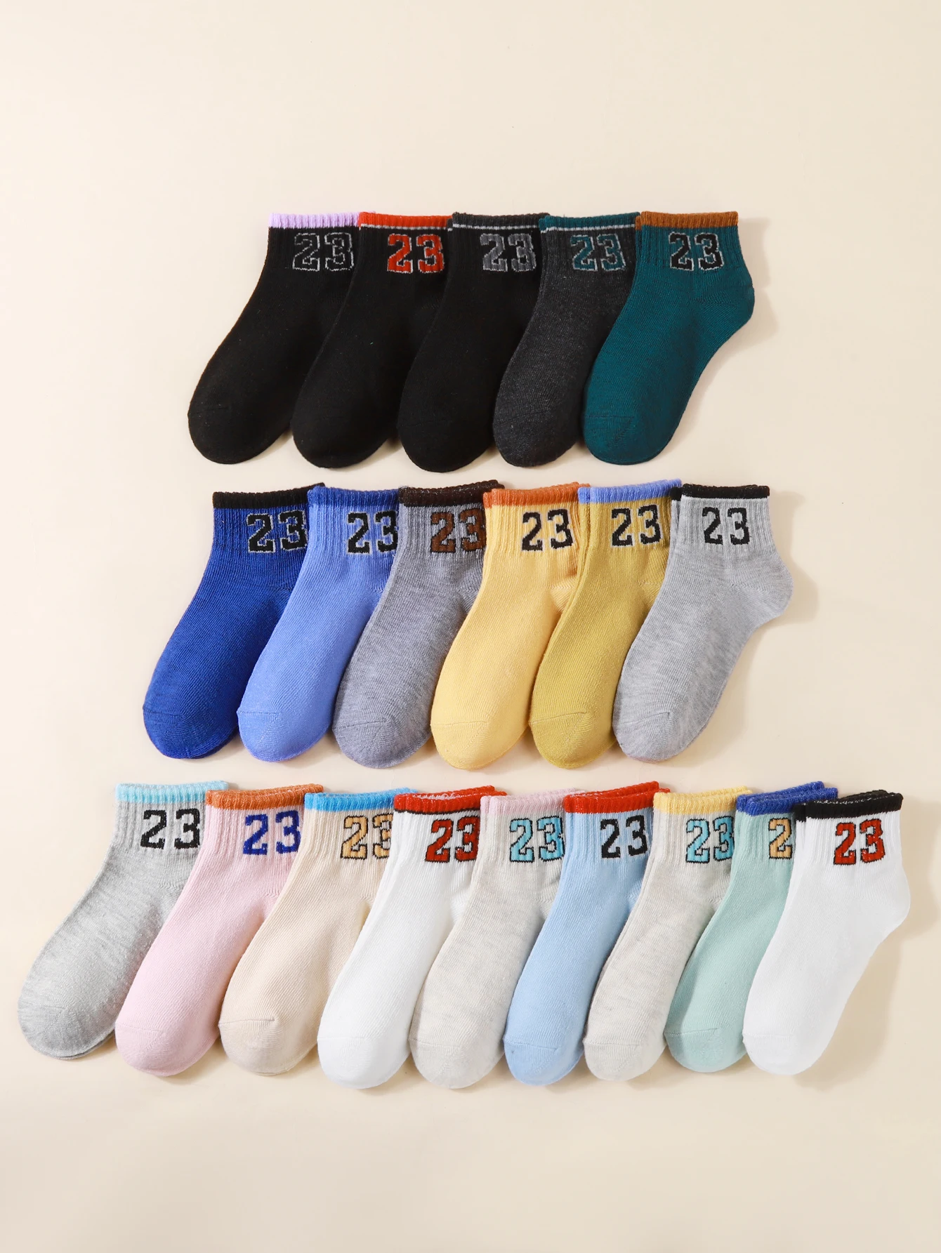 20 pairs of spring and autumn thin breathable simple digital solid color children's socks, baby casual socks