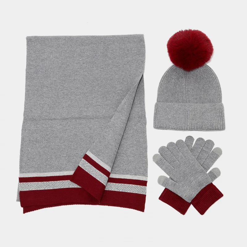 Autumn Winter Women's Ear Protection Pom Pom Knitted Hat Scarf Gloves Cold Protection Set Outdoor Skiing Warm Three-Piece Sets