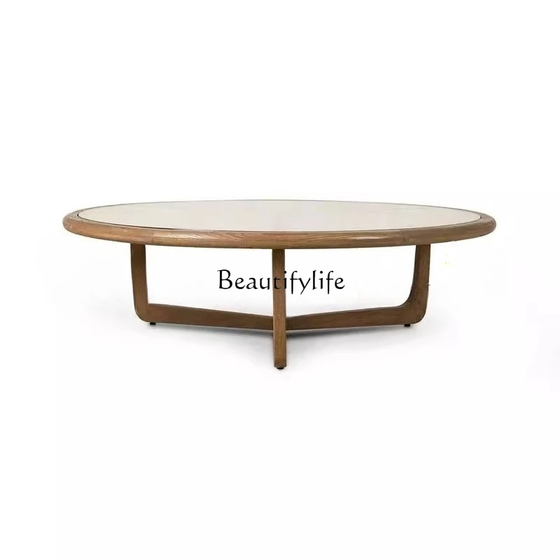 

Nordic round all solid wood coffee table tempered glass rattan living room round table coffee table