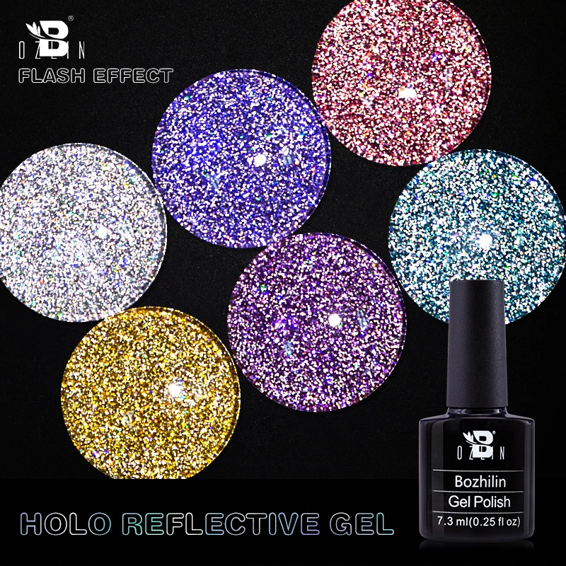 BOZLIN 7.3ml odblaskowy kolorowy brokat laserowy żelowy lakier do paznokci efekt musujące Vernish Semi permanentny żel UV Hybird Nail Art