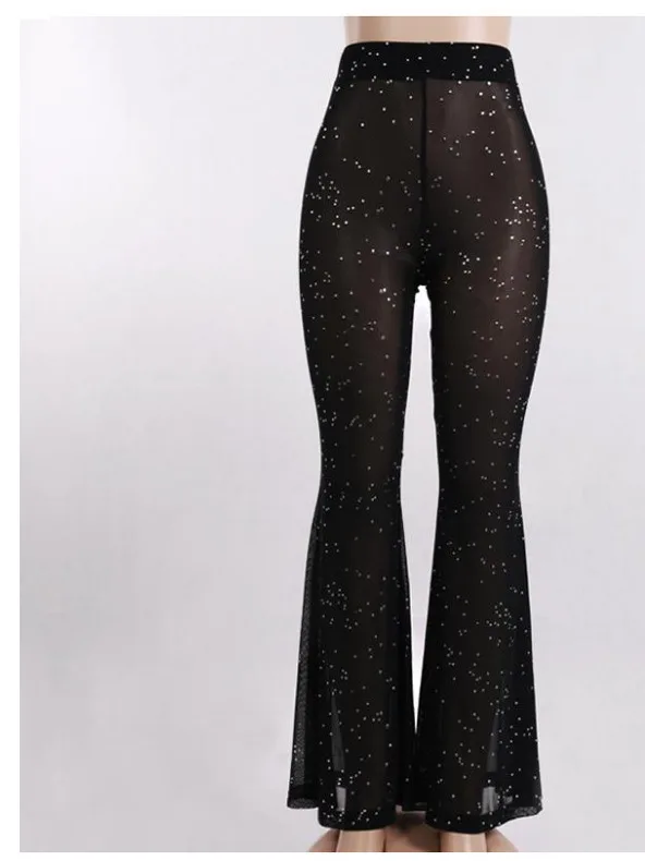 Pantaloni svasati sexy in tulle trasparente Pantaloni larghi casual dal design a pois a vita alta per le donne