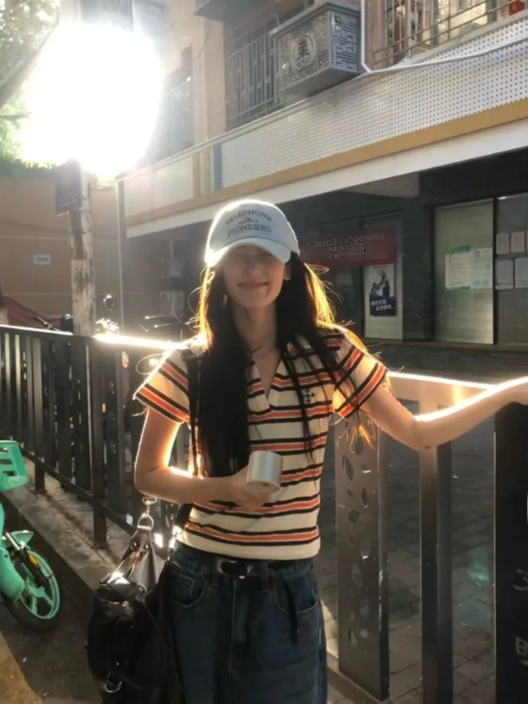 Koreaanse College Sle Ne Stripe ort Sve dames T-shirt slim fit vintage zomertop vocht creatief ontwerp