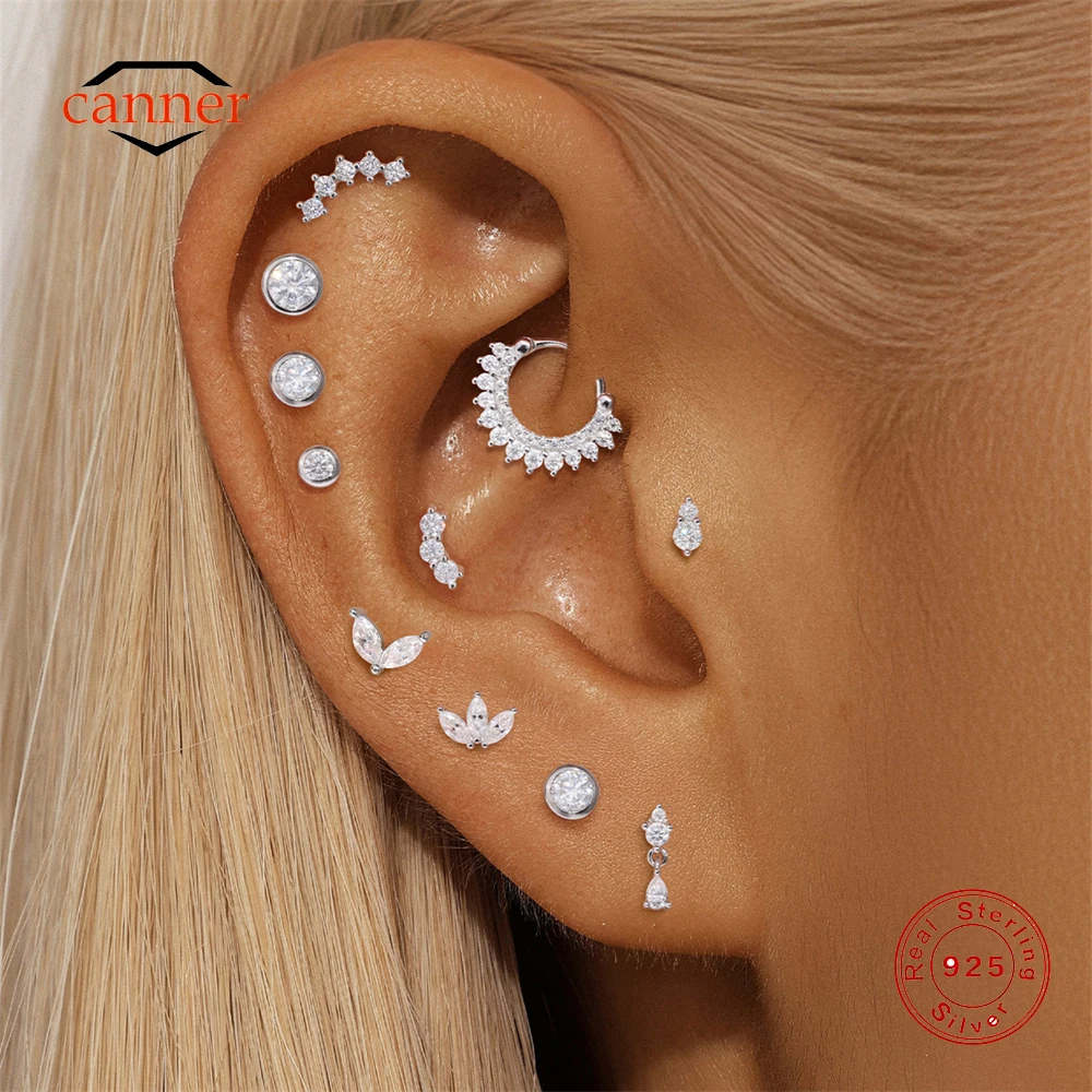 CANNER 1PC Moissanite Horse Eye Crown 925 Sterling Silver Threaded Cartilage Earrings For Women 2/3/4mm Classic Piercing Jewelry