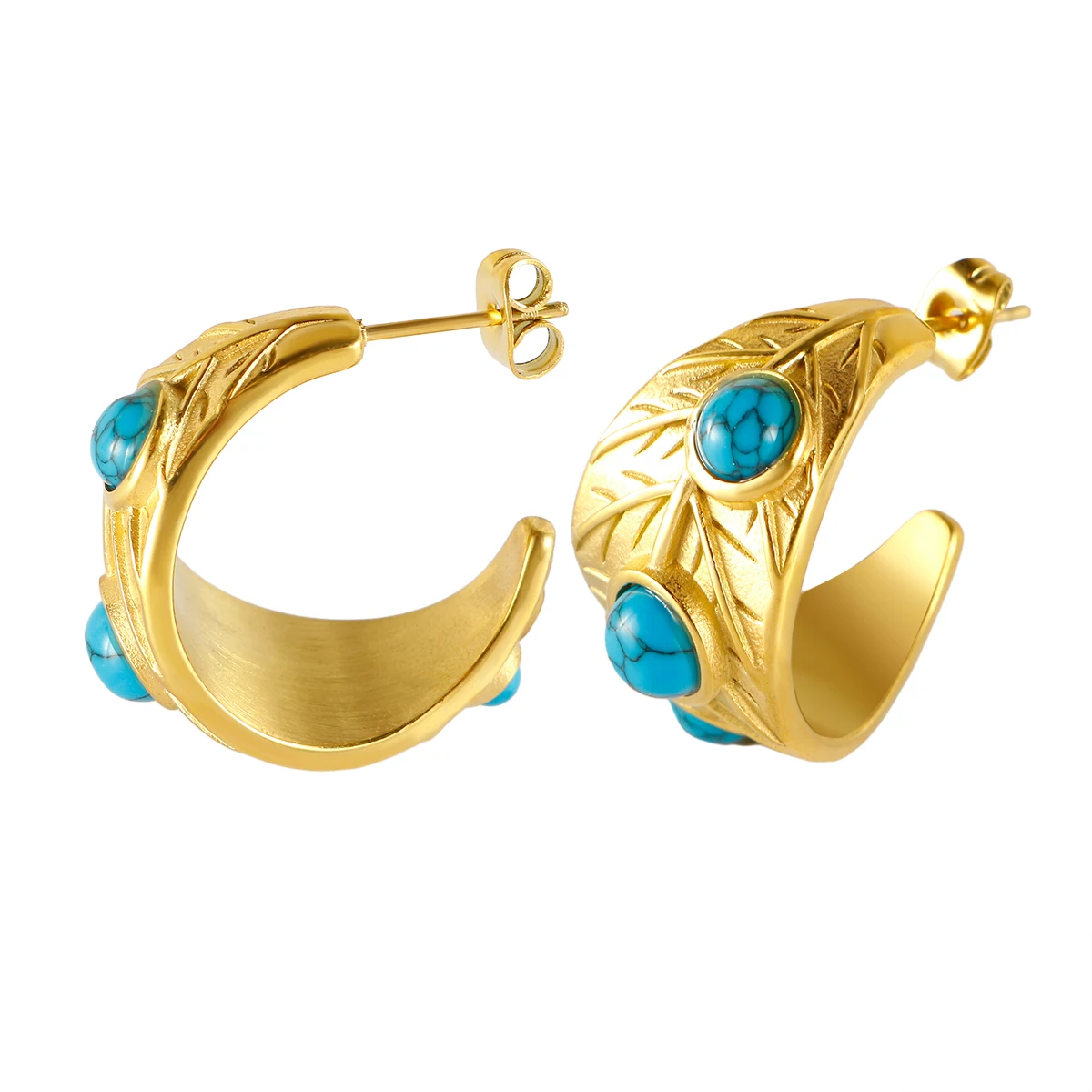 JINHUI High-End Popular Leaf Opening-C Shape Turquoise Earrings For Women Gold Color Bright Ear Daily Jewelry Stainless Steel