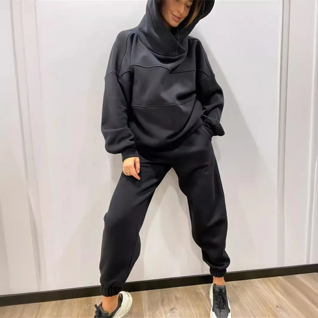 Women Sports Two Piece Sets Hoodie Trousers Hooded Pants Sweatshirt Suit Autumn Winter Fleece Tracksuit Loose Streetwear Outfit