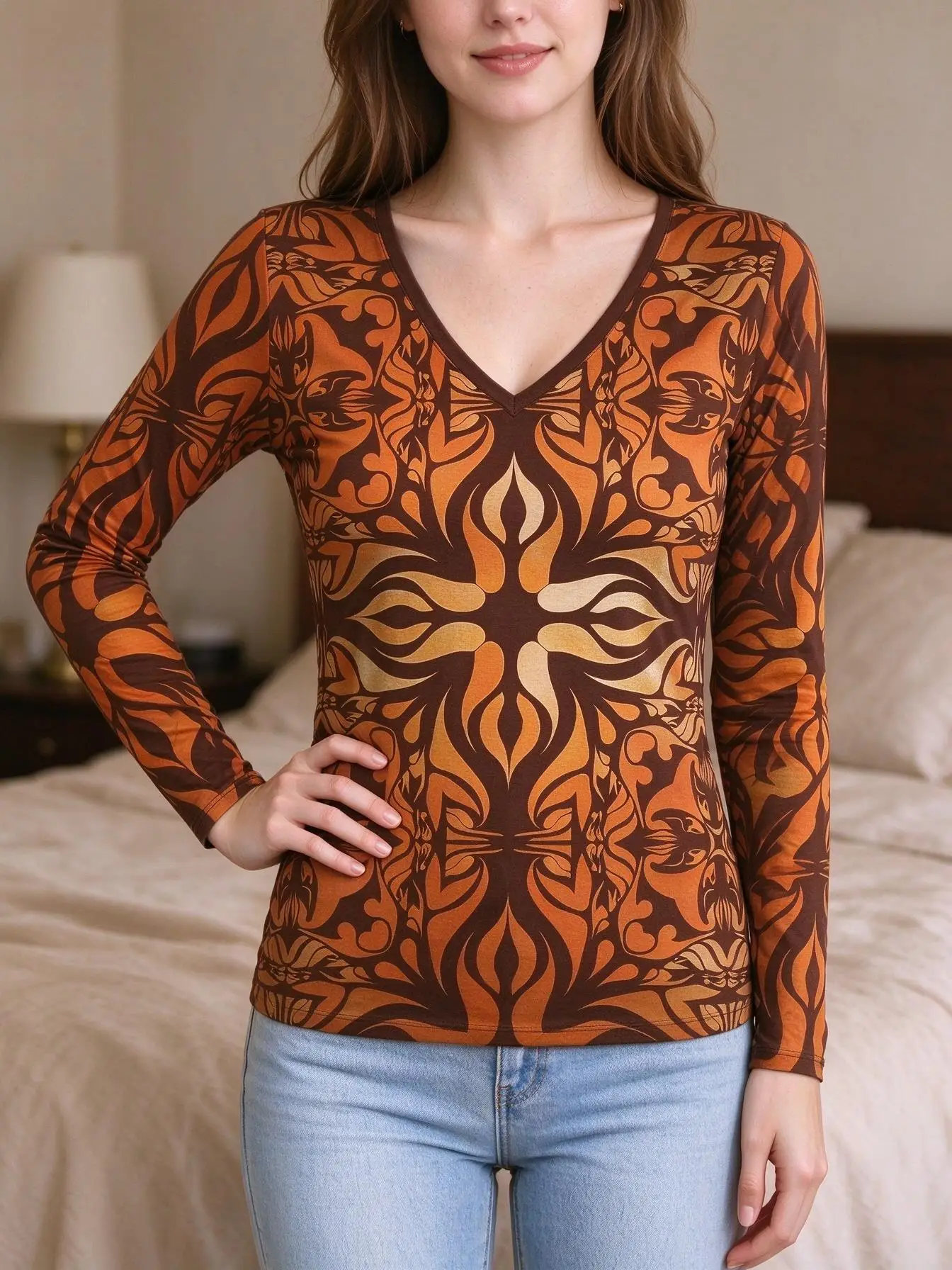Women V Neck Long Sleeve T-shirt Blue Gradient Mandala Geometric Print Casual Tee Tops