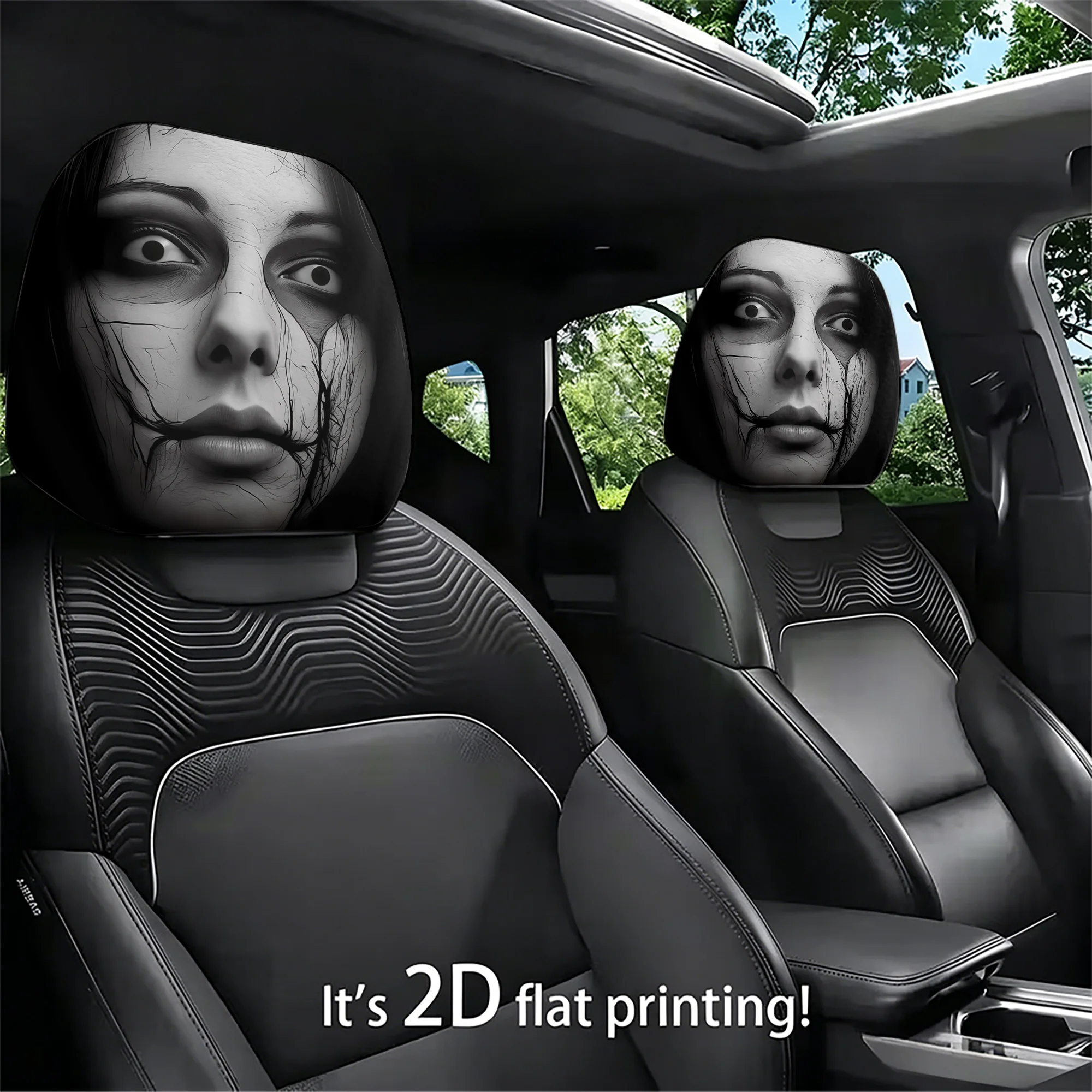 2pcs Spooky Face-Themed Car Headrest Covers to Add a Spine-Chilling Atmosphere to Your Car’s Interior. Filling Not Included.