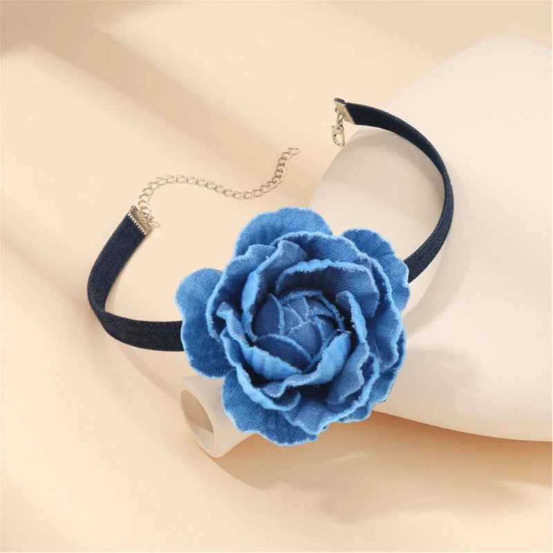 Fashion Blue Rose Flower Choker Necklace Comfortable Collar Necklace for Women Girls Elegant Butterfly Fringe Choker