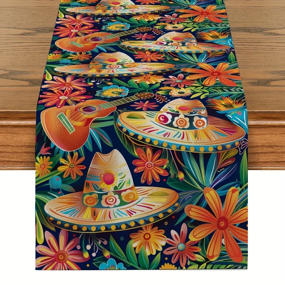 Mexican Day of The Dead Guitar Floral Linen Table Runner Paty Decor Reusable Kitchen Dining Table Runner Day of The Dead Decor