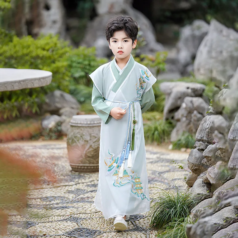 Boy Vintage Green Crane Embroidery Hanfu Chinese Style Ancient Tang Suit Performance Play Costume