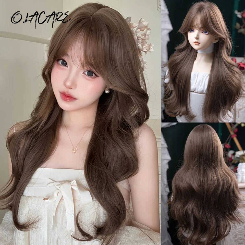 OLACARE Synthetic Brown Wavy Wigs for Women with Bangs Long Natural Synthetic Hair Wig Daily Cosplay Heat Resistant