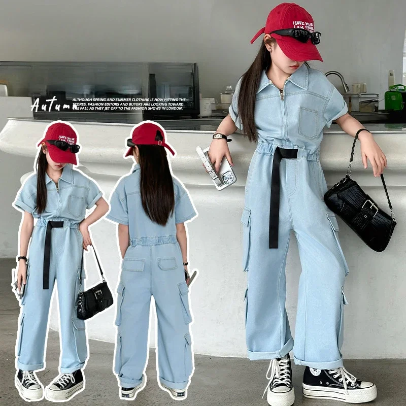 Girls Overalls Short-sleeved Jumpsuit Summer Tide Cool Streetwear Fashion Blue Denim Playsuits for Kids Teen Children Clothes