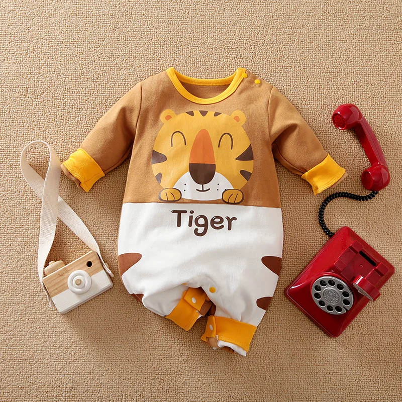 Spring And Autumn Boys And Girls Cute Cartoon Tiger Printed Cotton Comfortable Long Sleeve Baby Bodysuit