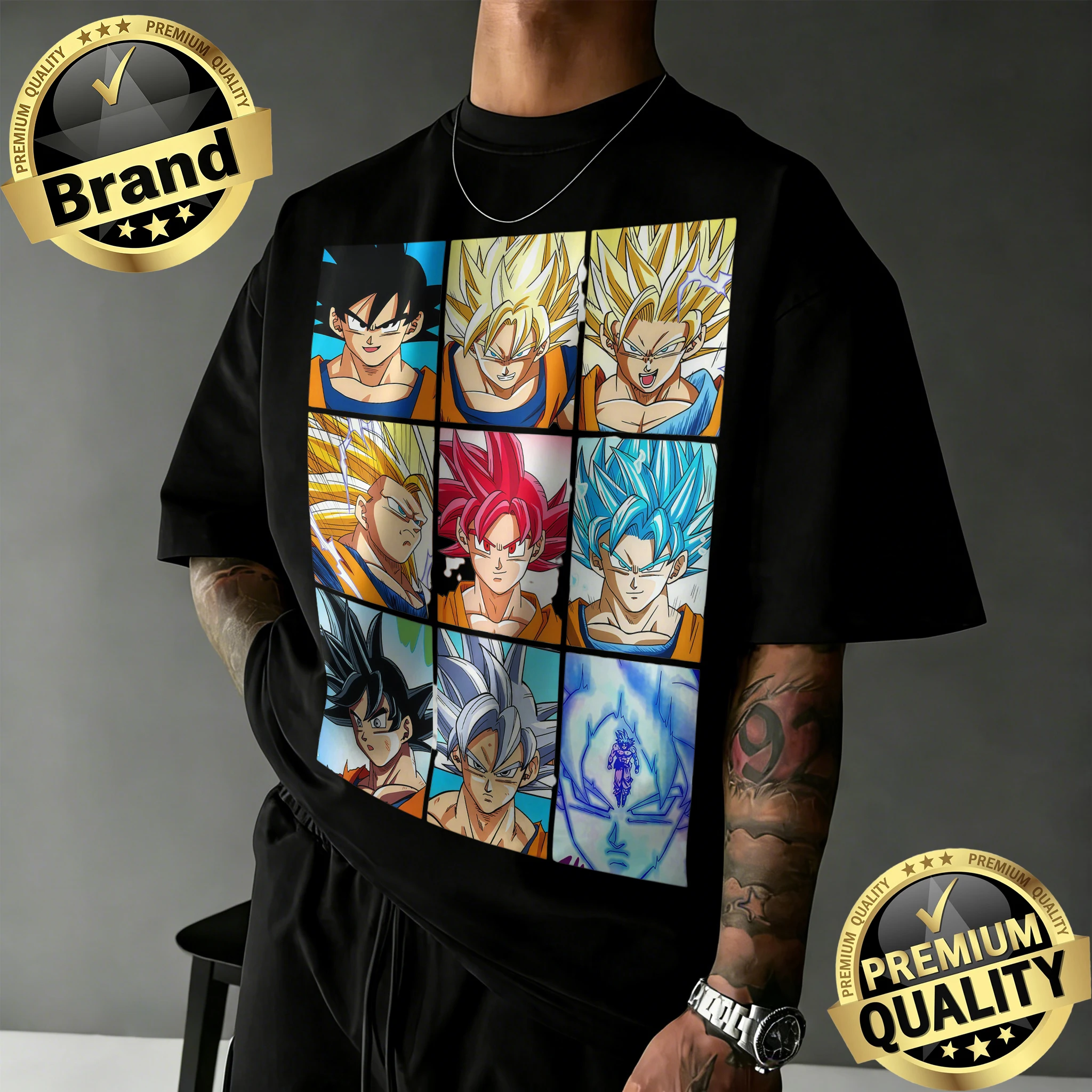 2026 Sommer Dragon Ball 100% Baumwolle Oversized T-Shirt für Herren, Damen und Kinder |   Goku Alle Formen 9-Gitter-Manga-Print Retro Anime T-Shirt für Fans