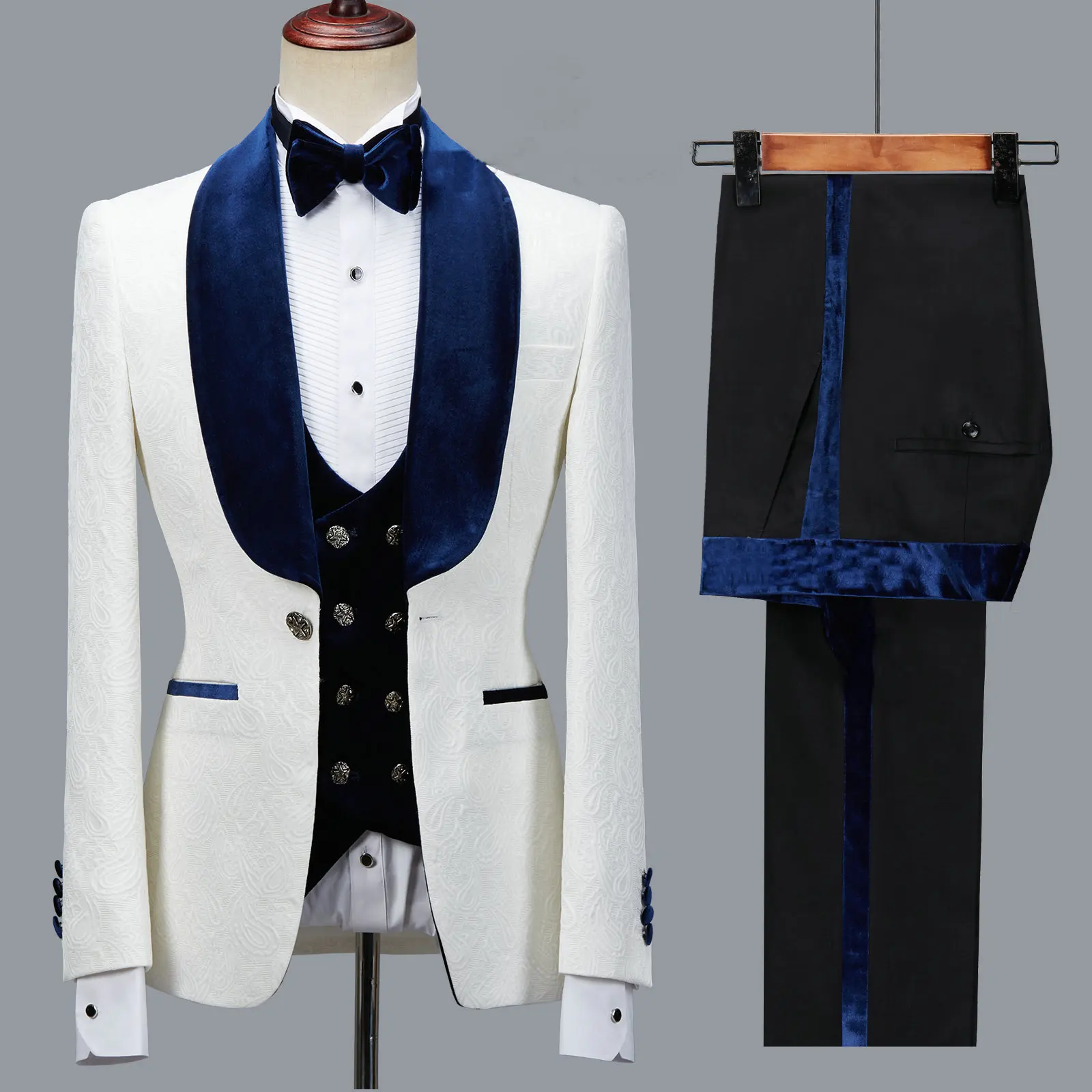 Floral Jacket Men Suit Slim Fit Wedding Tuxedo Navy Blue Velvet Lapel Groom Party Suits Costume Homme Best Man Blazer 3pcs