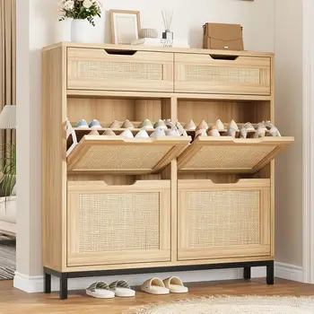 Image Shoe Cabinet Storage for Entryway Hidden Shoes Storage Cabinet  Narrow Shoe Organizer Cabinet with 4 Flip Drawers, Free Standing