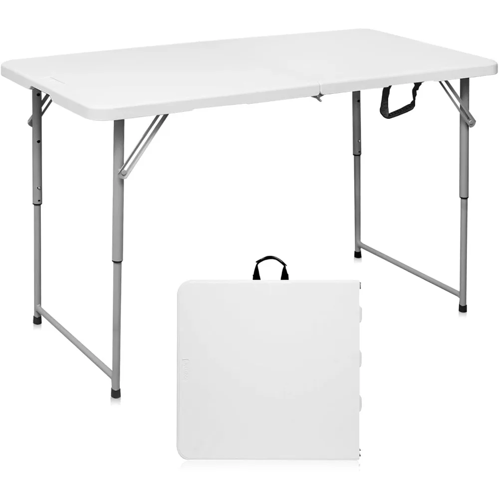 Folding Table 4 Foot Portable Heavy Duty Plastic Fold-in-Half Utility Table Small Indoor Outdoor Adjustable Height Folding