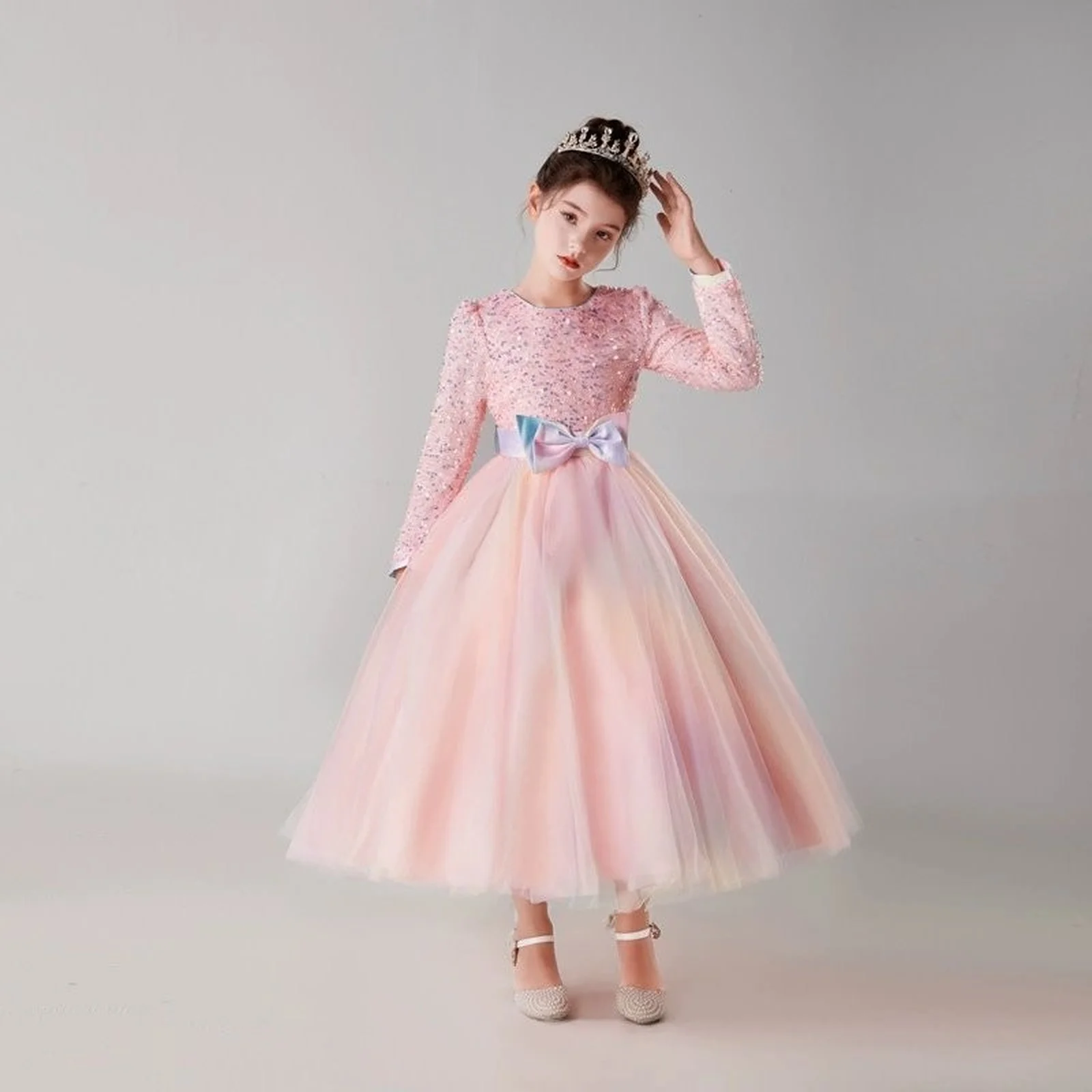 

Long Sleeve Princess Dress For Young Girls Kids White Formal Dresses Lace Flower Party Holiday Costume 4 To12 Years