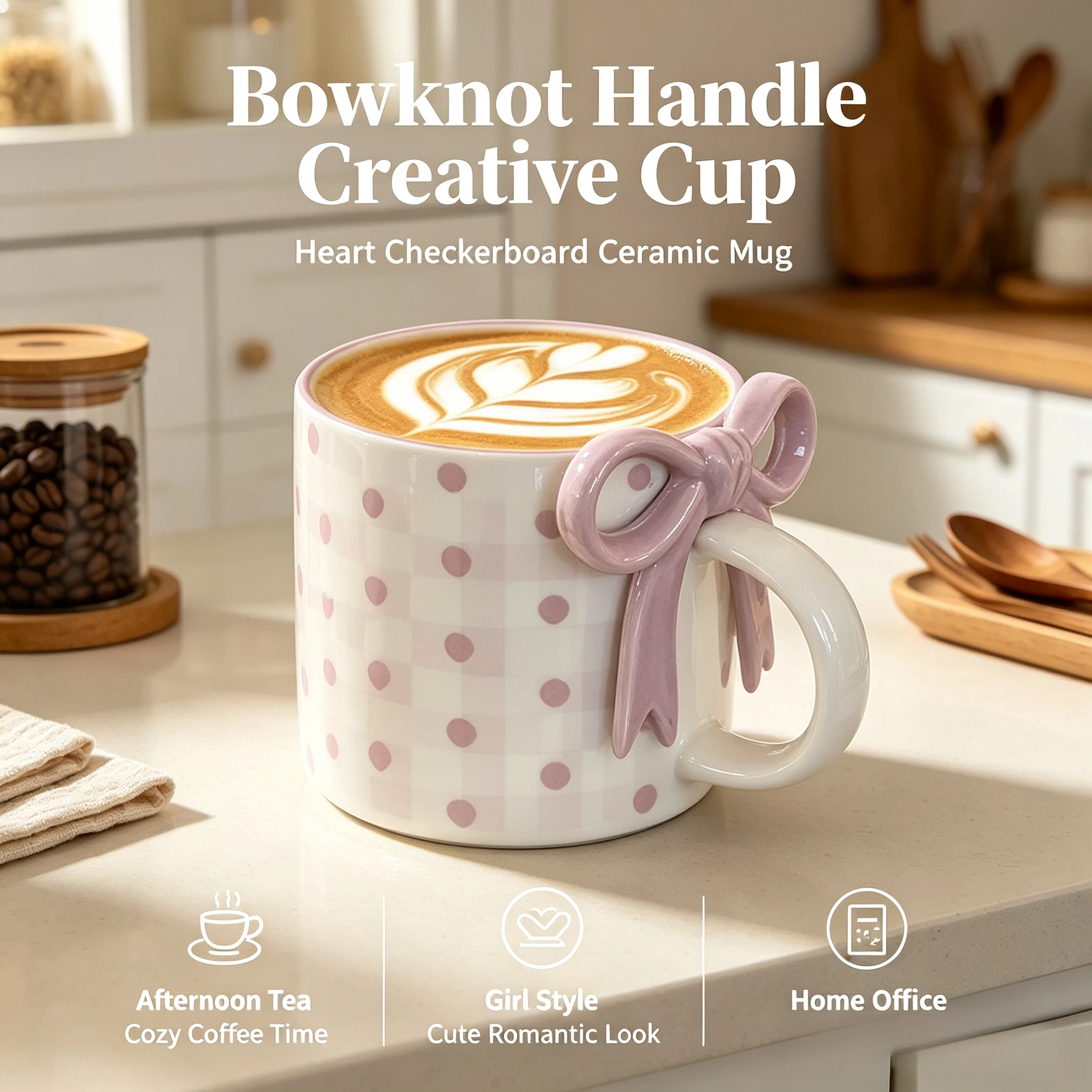 Ceramic Mug Bowknot Handle Heart Checkerboard Pattern Creative Cup Home Breakfast Afternoon Tea Latte Coffee Cup