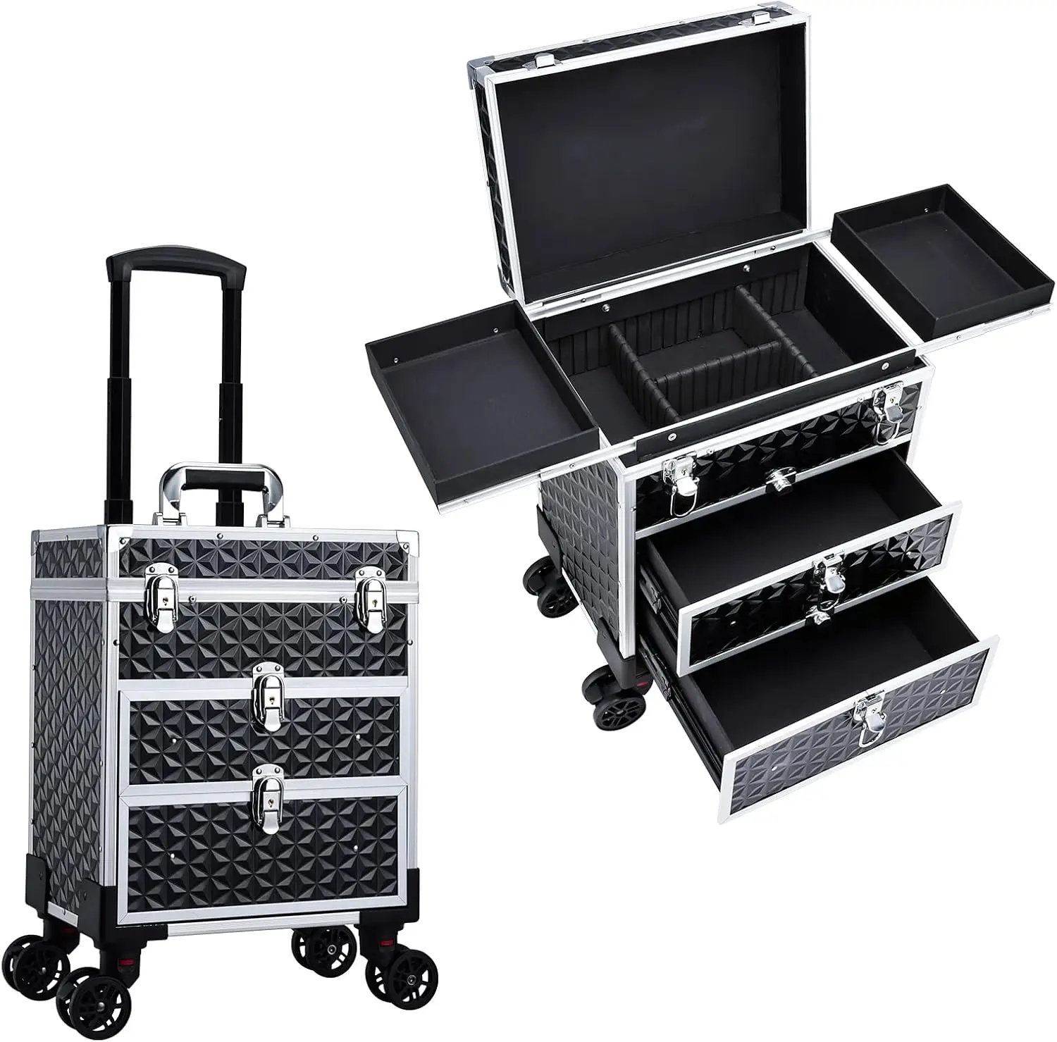

Professional Rolling Makeup Case with 360° Wheels and Sliding Drawers for Artists, Travel Organizer, Black