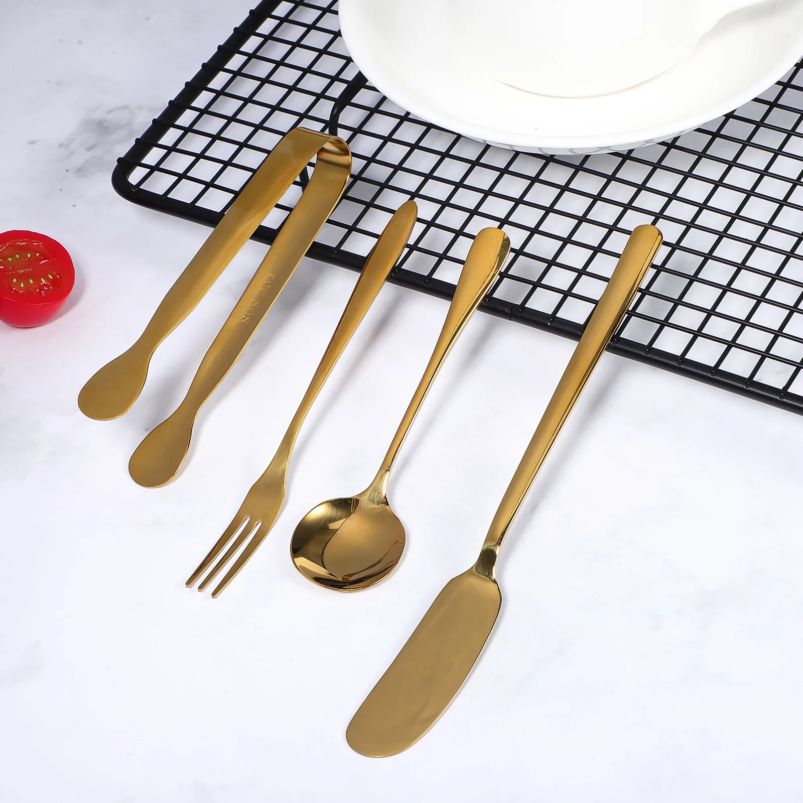 

1Set Elegant Serving Utensils Set Stainless Steel Spoons Forks Tongs Spreaders for Tea Party Dinner