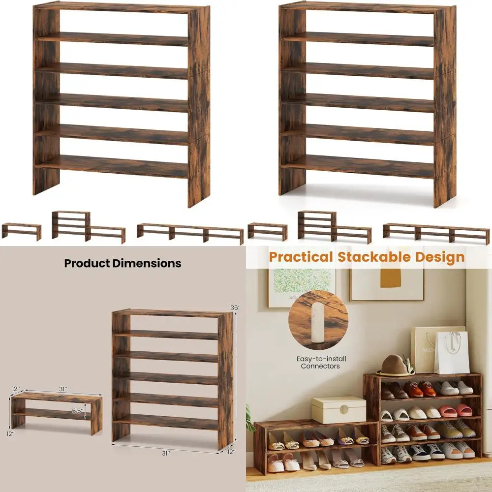 

6-ярусная широкая полка для обуви, складная конструкция для небольших помещений, регулируемая подставка для прихожей в деревенском стиле, цвет коричневый.