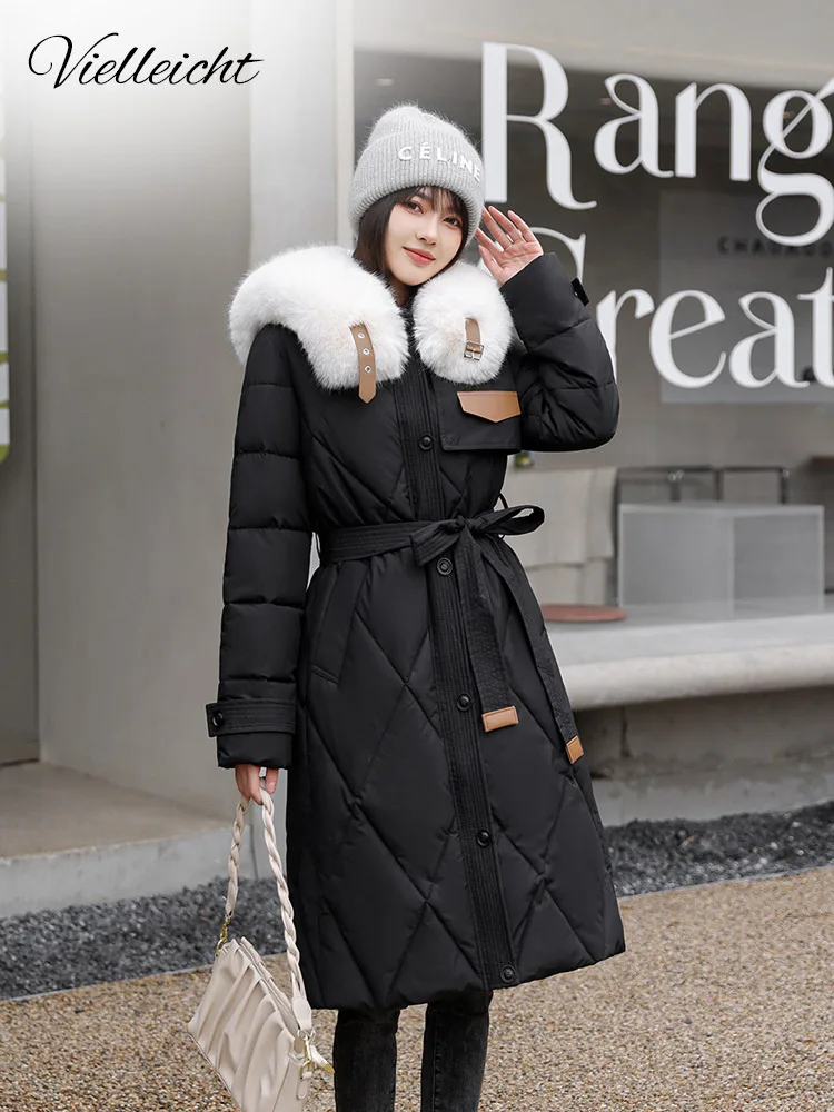 Vielleicht Casaco acolchoado com cinto para mulheres, colarinho de pele grande, algodão, acolchoado, longo, quente, parkas de neve, roupas, novo,