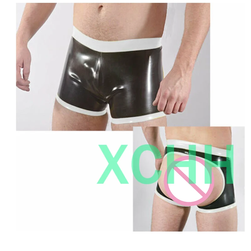 Latex Shorts Gummi Gummi Sexy Männliche Kurze Hosen Schwarz mit Weiss Trim Angepasst 0,4mm