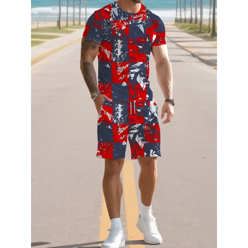 2025 New Trend Casual T-shirt 3D Digital Printed Short Sleeve Shorts Set Summer Essential Creative Retro Men's Fashion
